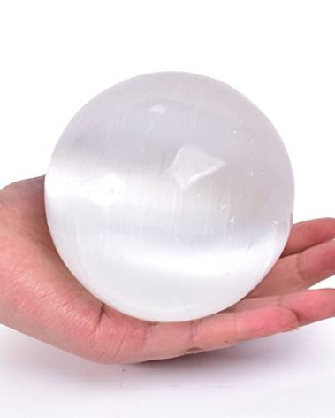 JIC Gem 3.5-4 Inch(90-100mm) Selenite Crystal Sphere with Wooden Stand Healing Crystal Ball for Meditation, Home Decoration