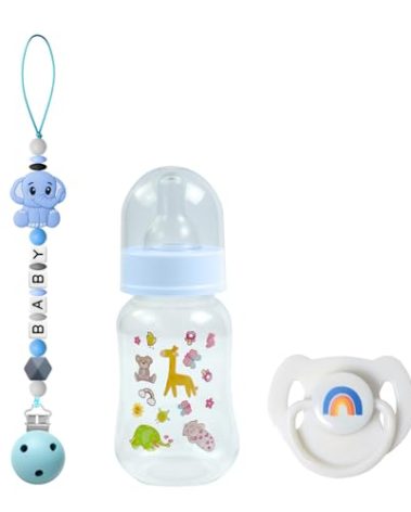 SCOM Reborn Baby Doll Accessories Set - Rainbow Magnetic Pacifiers & Removable Reusable Baby Doll Bottles with Silicone Pacifier Clips for Reborn Dolls Boys for Doll Lover, Blue Style, 3 Pcs