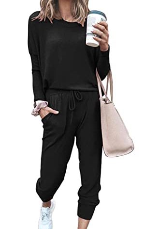 PRETTYGARDEN Women Fall 2 Piece Lounge Outfit Long Sleeve Tops High Waisted Jogger Pants Set Spring Travel Clothes Tracksuit (Black,2X-Large)
