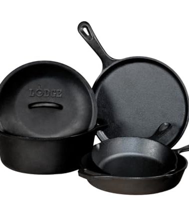 Lodge Seasoned Cast Iron 5 Piece Bundle. 10.5" Griddle, 8" Skillet, 10.25" Skillet, 10.25" Dutch Oven, and 10.25" Lid,Black
