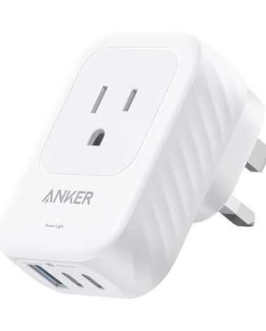 Anker USA to UK International Plug Adapter, Travel Adapter, 15W Max with 2 AC, 2 USB-C, and 1 USB-A Port, Ideal for iPhone 15, iPad Air, and More, Compact for Travel, Cruise (TUV Listed)