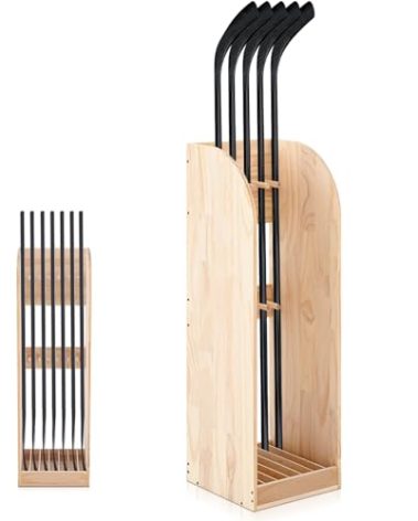 Cinnvoice 38 Inch Vertical Hockey Stick Rack Wooden Hold 7 Hockey Sticks Holder Stand Organizer for Players Display Home Garage Storage(Burlywood)