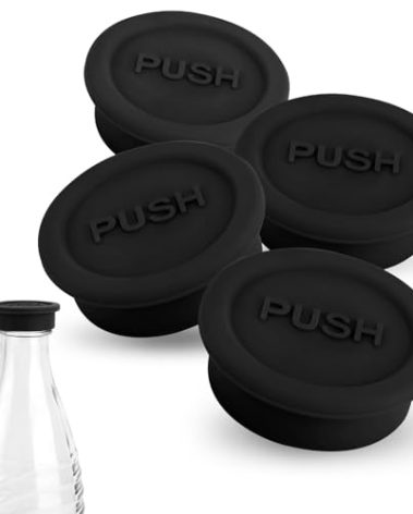 4pcs Bottle Lids for Sodastream Glass Bottle, Silicone Drink Water Bottle Sealing Cap Cover Reusable Soda Bottle Cap Replacement Part (Black)
