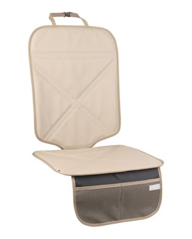 Viaviat Car Seat Protector Leather Waterproof Child Safety Seat Protector Cover with Thick Pad and 2 Large Pockets Durable Kick Mat for All Auto Seat (Beige)