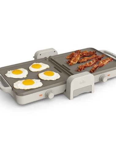 Bella 10"x 20" Ceramic Fold-n-Store Dual Temp Griddle, Fits-anywhere Kitchenware, EverGood Ceramic Nonstick Coating, 2 Temperature Zones up to 400°F​, Dishwasher Safe Drip Tray, 1500 Watt, Oatmilk