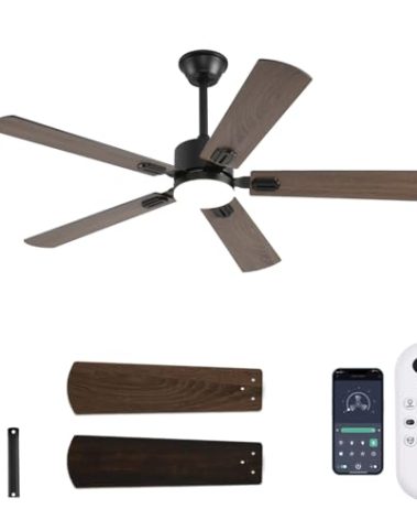 FUMLTP 52 inch Modern Ceiling Fans with Lights APP/Remote Control, Low Profile Reversible 6 Speeds Dimmable Ceiling Fan Light for Indoor/Outdoor Bedroom Living Room（Brown）