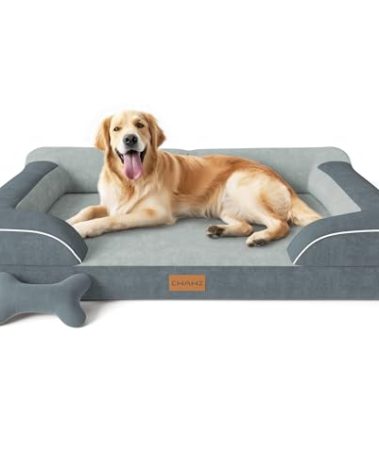 CWAWZ Extra Large Dog Bed, Orthopedic XL Dog Bed with Cooling Gel Memory Foam, Waterproof Pet Bed with Removable Washable Cover, 42" Pet Sofa Couch Dutch Velvet with Bone Toy, Dark Gray