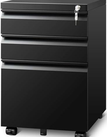 Guizeeopo Filing Cabinets for Home Office, Mobile File Cabinet with Lock, 3 Drawer Filing Cabinet for A4/Letter/Legal Size Folder, Fully Assembled Except Casters, Matte Black