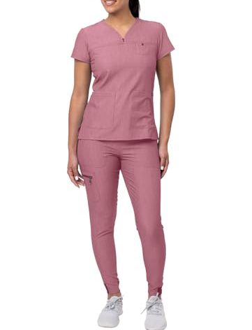 Adar Uniforms, Pro Heather Movement Booster Scrub Set for Women - Sweetheart V-Neck Scrub Top & Yoga Jogger Scrub Pants - P9400H - Heather Wine - XS