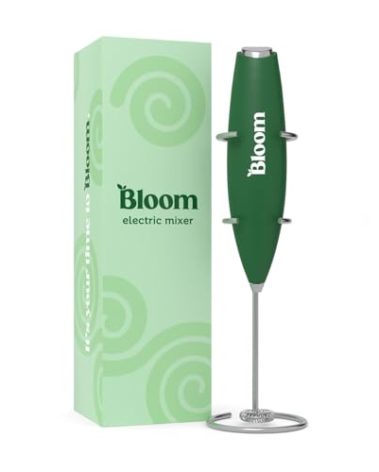 Bloom Nutrition Milk Frother, Hand Mixer, Electric, Handheld Drink Stirrer, Frothing Wand, Foam Maker for Coffee, Matcha, Protein, Greens, Stainless Steel, Battery Operated, Includes Whisk Stand