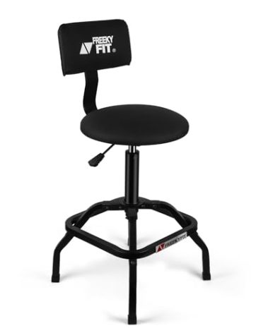 FreekyFit Shop Stool with Backrest, Mechanic Garage Stool for Workshop, Adjustable Shop Stools Chair, Padded Workbench Stools for Men Women, 300 LBS Capacity, 360° Swivel PVC Seat, Heavy Duty, Black