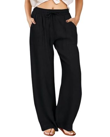 FireSwan Womens Palazzo Pants Casual Drawstring Flowy Pants Wide Leg Summer Beach Linen Trousers with Pockets Black