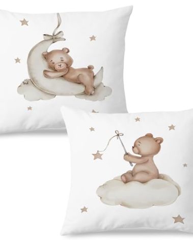 SPBL&L Baby Bear Pillow Covers 18x18, Bear Nursery Decor, Woodland Animals Nursery Decor for Boys Girls, Cute Baby Bear Moon Decorative Pillow Covers for Toddler Kids Room Playroom Nursery, Set of 2