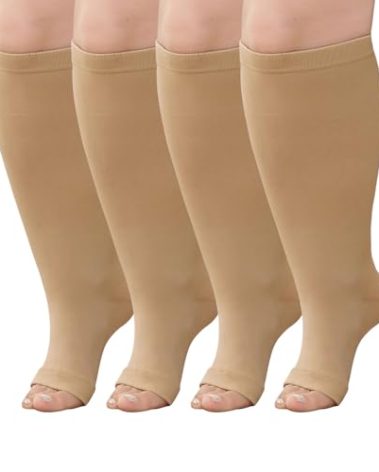 BODALA Plus Size Compression Socks: Wide Calf Compression Toeless Stockings for Men Women - Open Toe 20-30 mmHg Compression Hose Support for Travel Nurses 3XL Beige