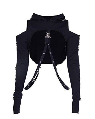 AULKEEP Gothic Punk Long Sleeve Cold Shoulder Hooded Crop Tops Buckle Strap Hoodie Sweatshirt