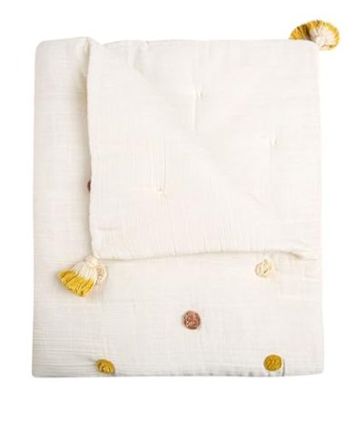 Crane Baby Blanket, 36” x 36”, Soft Cotton Pom Pom Nursery Blanket for Boys and Girls, Cream