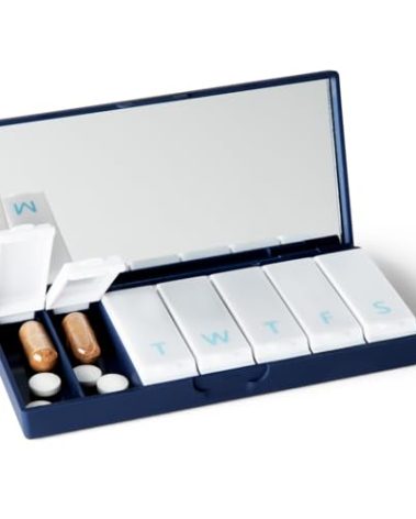 PORT X POLISH Designer Weekly Pill Box Organizer (Single 1X Daily, Navy) | Compact, Stylish 7-Day Vitamin Supplement Case | Cute Portable Mini Travel Medicine Carrier | BPA-Free Pillbox Caddy