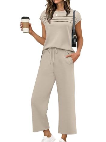 WIHOLL Summer Vacation Outfits for Women 2025 Resort Wear Matching Sets Women Clothing 2 Piece Holiday Beach Travel Airport Outfit Teacher Lounge Sets Athleisure Beige M