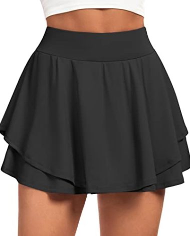 IUGA Tennis Skirt Pleated Skorts for Woman Double Ruffle Golf Skirts for Women Skort with Pockets Tummy Control Athletic Black
