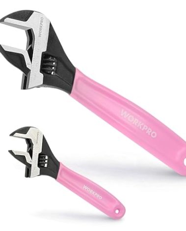 WORKPRO 2-piece Pink Adjustable Wrench Set, 6-Inch & 10-Inch Wrenches, Wide Jaw Black Oxide Wrench, Metric & SAE Scales, Cr-V Steel, for Home, Garage, Workshop-Pink Ribbon