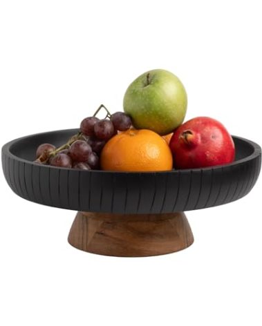 LAVAUK Mango Wood fruit bowl, Decorative black bowl with natural finish pedestal | 12" dia | Dual tone look | Use as Centerpiece for kitchen counter or dining table (Black)
