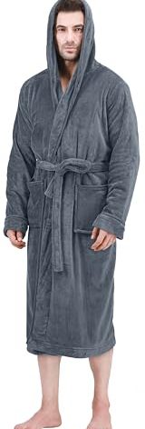 NY Threads Mens Hooded Fleece Bathrobe Plush Long Spa Robe Pack of 1, 2X-Large/3X-Large, Grey