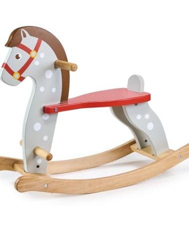Mentari Toys - Rocking Horse - Sturdy Wooden Ride-On with Red Saddle and Harness - No-Tip Design, Grey with White Spots - Promotes Balance, Coordination and Imaginative Play - Age 12m+