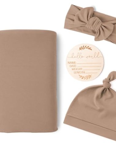Konssy Baby Girl Newborn Receiving Blanket with Matching Headband and Beanie Set Baby Swaddle Nursery Swaddle Wrap