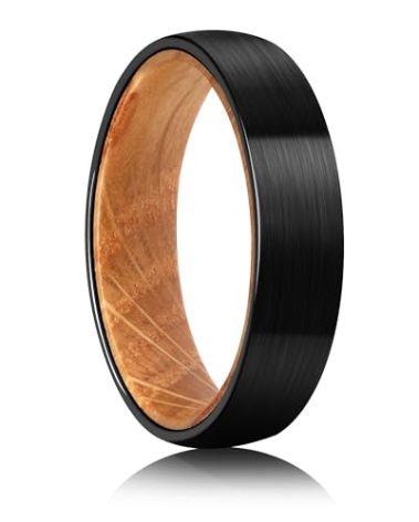 JEWPER Tungsten Rings for Men Womens 6mm Black Silver Fashion Promise Wedding Band Carbide Inner Hole Inlaid Whiskey Barrel Wood Chamfer Frosted Matte Finish Edge Comfort Fit size 7-12(12)