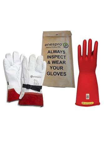 Enespro Class 2 Red Rubber Voltage Insulating Glove Kit with Leather Protectors, Max. Use Voltage 17,000V AC/ 25,500V DC (KITGC2R11)