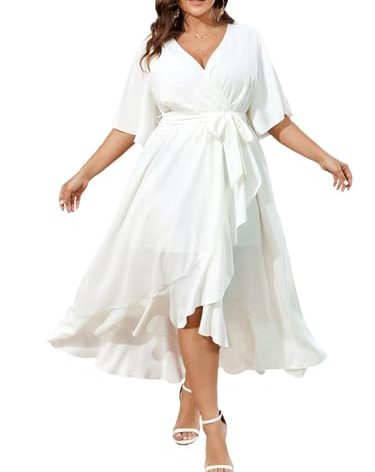 SCOMCHIC Women Plus Size Maxi Dress Short Sleeve Wrap V Neck High Low Split Ruffle Long Dress White