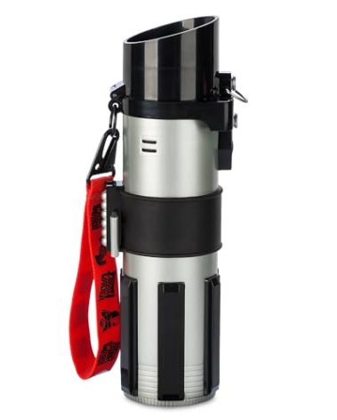 DISNEY STORE Official Star Wars Lightsaber Water Bottle with Sound & Light Effects, Translucent Blue Sleeve, Red Button Pop Top, Silicone Flange, Wrist Strap, Hand Wash - Holds 12.7 oz - Darth Vader