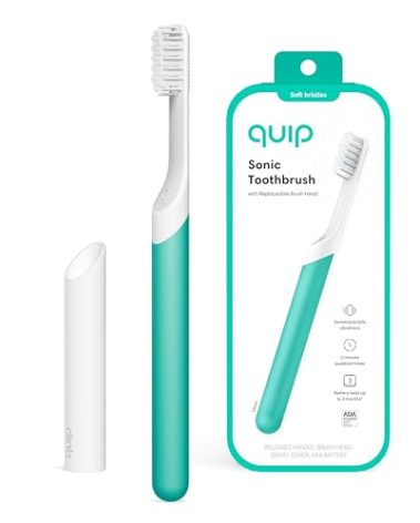 Quip Sonic Toothbrush for Adults - Timed Electric Toothbrush with Cover - Replaceable Brush Head, Soft Bristles, Plastic Handle, 3 Month Battery Life - Travel Toothbrush - Green