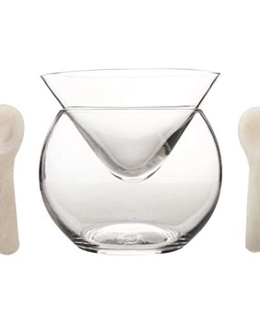 DUEBEL Glass Caviar Chiller Server Set Plus 2 pcs. x Mother of Pearl Caviar Spoon 3.15" – Universal Martini, Wine, Liquor Cocktail Chiller