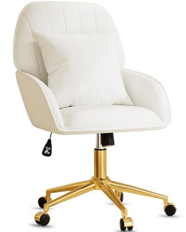 Home Office Desk Chair Comfy with Adjustable Swivel Wheels, Modern Velvet Makeup Vanity Chair with Back & Pillow, Ergonomic Office Chair Computer Task Chair for Living Room, Bedroom, White