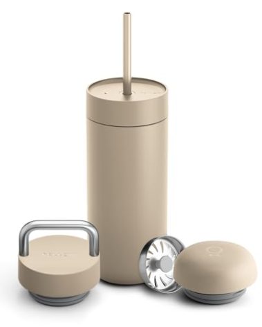 Fellow 16 oz Carter Bundle (3 in 1) Travel Mug with Carry Handle, Move & Cold Lids with Straw - To-Go Coffee Tumbler, Ceramic Interior & Vacuum-Insulated Stainless Steel - Coffee Cups-Sand Dune