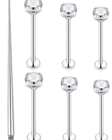 Pexveiuu 16G Cheek Dimple Piercing Jewelry Taper Kit Diamond Flat Back Tongue Extra Long Silver Lip labret Medusa Monroe Ashley Ring Stud Barbell Bar Piercin Jewelry Swelling Women Men 14mm 16mm 19mm