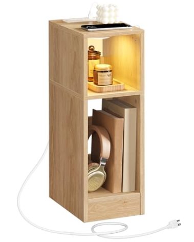 MAHANCRIS Narrow Nightstand, Slim End Table with Charging Station and LED Sensor Light, Modern Side Table, Bedside Table, for Small Spaces, Living Room, Bedroom, Natural ETNA25E01