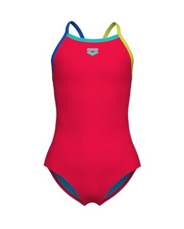 ARENA Feel Girls' Junior Light Drop Back Solid Swimsuit Waterfeel Comfortable One Piece Suit Pool or Beach, US Size 8-10 Jr/26, Fluo Red/Blue China/Soft Green