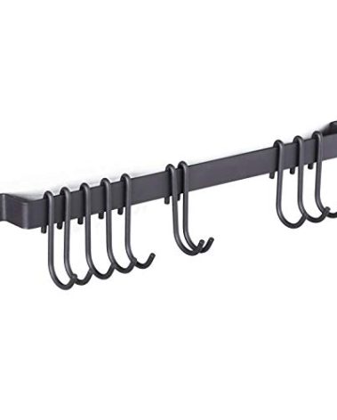 Wallniture Gourmet Kitchen Rail with 10 Hooks, Wall Mounted Wrought Iron Hanging Utensil Holder Rack with Black 17 Inch