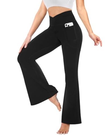 YOLIX Flare Leggings for Women with Pockets - Crossover High Waisted Black Flared Leggings for Yoga Gym Workout
