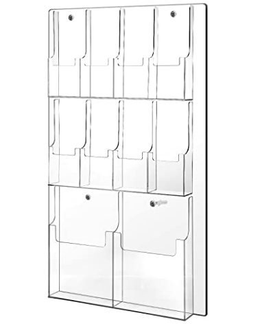 Weysat Acrylic Brochure Holder Wall Mount, Clear Plastic Pamphlet Holder Magazine Display Trifold Flyer Rack Hanging Literature Storage Organizer(2 Magazine Pockets, 8 Pamphlet Pockets)