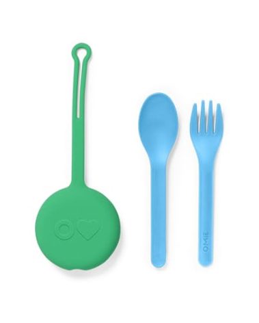 Omie OmieBox Kids Utensils Set with Case - 2 Piece Plastic, Reusable Fork and Spoon Silverware with Pod for Kids (Mint Green)