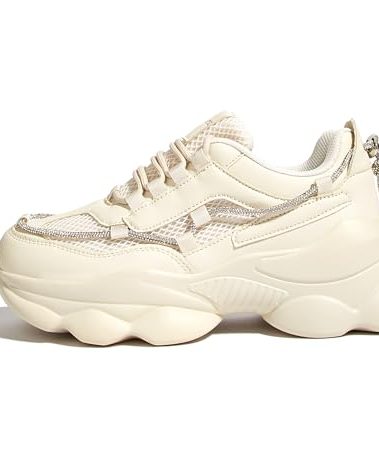 LUCKY STEP Women's 90s Chunky Sneakers Sparkly Bling Rhinestone Rope Platform Casual Thick Dad Rave Walking Shoes(Beige,8 B(M) US)