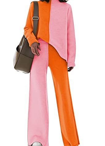 AOHITE Womens 2 Piece Outfit Sets Knit Pullover Sweater Top and Wide Leg Pants Lounge Sweatsuit Tracksuit Pink X-Large