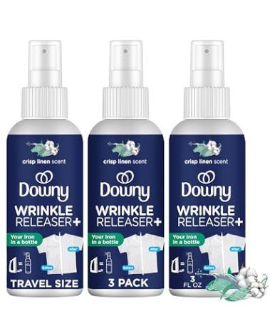Downy Wrinkle Release Spray, Travel Size Spray, All In One Formula, Removes Wrinkles, Static and Odor Eliminator, Crisp Linen Scent, 3 Fl Oz, Pack of 3