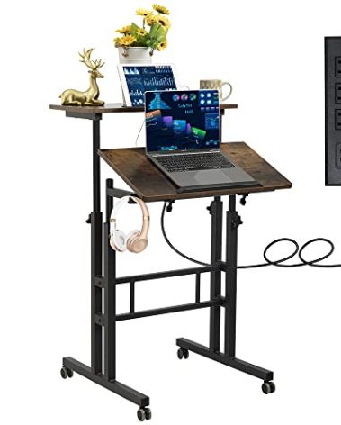 Hadulcet Mobile Standing Desk with Charging Station, Adjustable Standing Computer Desk, Standing Adjustable Laptop Cart with Wheels for Home Office Classroom Rustic Brown