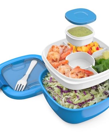 Bentgo Salad Container - 54 oz Bowl with 4-Compartment Toppings Tray, Leak-Proof Dressing Container, Reusable Fork, BPA-Free Lunch Box for Meal Prep & Food Storage; Removable Bento Tray (Blue)