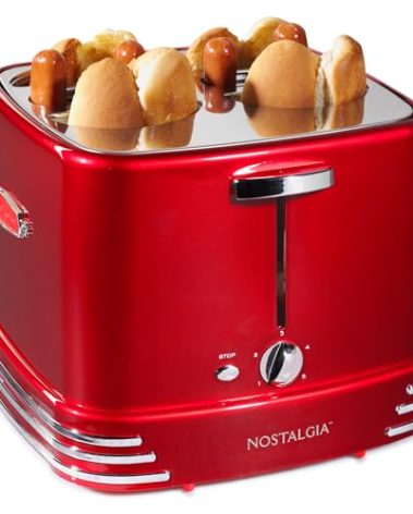 Nostalgia 4 Slot Hot Dog and Bun Toaster with Mini Tongs, Hot Dog Toaster Works with Chicken, Turkey, Veggie Links, Sausages and Brats, Metallic Red
