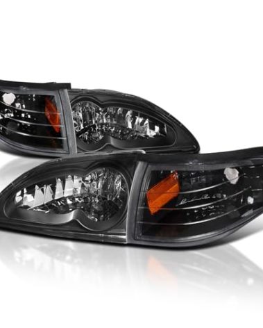 SPEC-D TUNING Black Housing Clear Lens Headlights + Corner Lights Compatible with 1994-1998 Ford Mustang L+R Pair Head Light Lamp Assembly